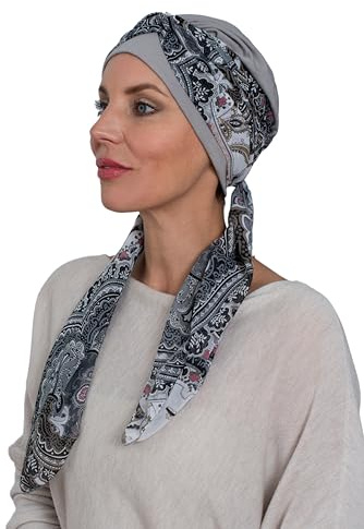 Deresina - Couvre-chef de chimiothérapie pour femmes, casquette Bamboo Sunrise avec foulard attaché, chapeau turban, foulard pour perte de cheveux, couvre-tête doux et élégant pour dames, gris, Taille