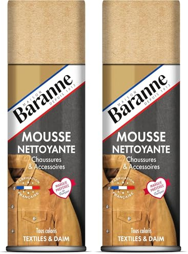 Baranne Mousse Nettoyante Aérosol | Tous coloris, textiles & daims | Chaussures, sacs, vêtements ou objets de maroquinerie en daim, nubuck et cuir velours véritables | 200ML (Lot de 2)