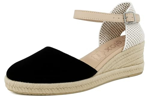 JOMIX Sandales Femmes Espadrilles Femme Compensées d'été Élégantes Réglable avec Boucle Fabriqué en Espagne (Noir, 36)