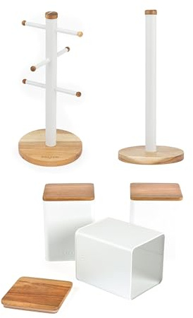 Salter Toronto 5-Piece Countertop Set - Mug Tree, Kitchen Roll Holder & Tea/Sugar/Coffee Canister Set, Acacia Wood Countertop Stand, 6 Branch Display for Mugs, Freestanding, Kitchen Storage, White