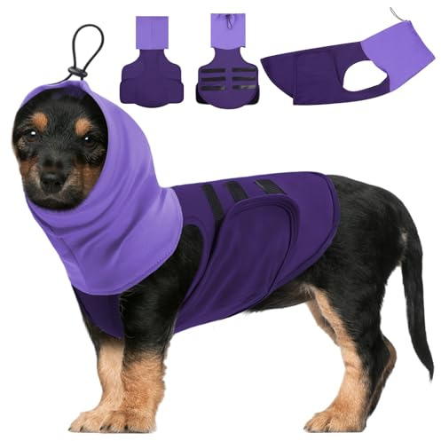 SAWMONG Dog Anxiety Vest, Breathable Calming Shirt Adjustable Chest & Hood for Dogs, Soft Pet Stress Relief Calming Coat Wraps Ears for Noise, Thunderstorms, Fireworks and Separation(Purple, Medium)
