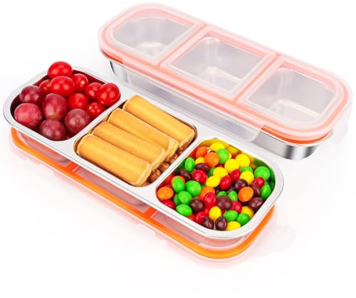 Musiwanna 2 Stück Snackbox mit 3 Fächern Edelstahl, Auslaufsicher Snackdose mit Deckel 600ml, Snackschale Unterwegs, Brotdose Metall Lunchbox, Klein Bento Box für Snack Soßen Nüsse Keksen Gemüse Obst