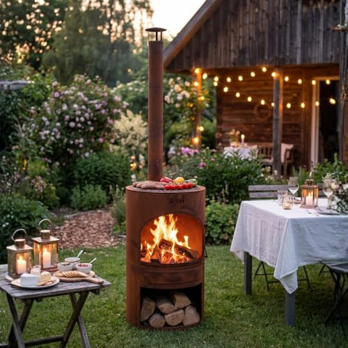 Foyer de terrasse - Poêle à bois - Barbecue - Chauffage de terrasse - Cheminée de jardin avec cheminée - Acier Corten - Ash Sunset