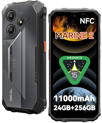 OSCAL Marine 2 Telephone Portable Incassable 2025, 11000mAh Telephone Incassable, Android 15, 24GB+256GB/2To, IP68/IP69K, 6,56 HD+ 90Hz, 16MP+8MP, 4G Dual SIM/Gemini AI 2.0/NFC/5G WiFi/GPS/2 Ans