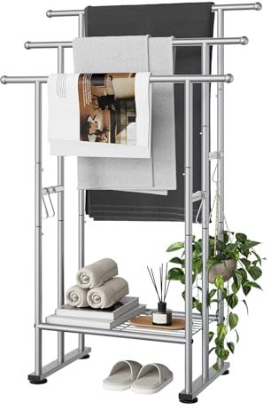 ELYKEN 3-Tier Freestanding Towel Rack, Fixed-Height Bars Highest 101CM | Heavy Duty Metal Floor Towel Stand with Bottom Shelf, Multi-Purpose Bathroom Laundry Room Storage Organizer, Sliver - Square