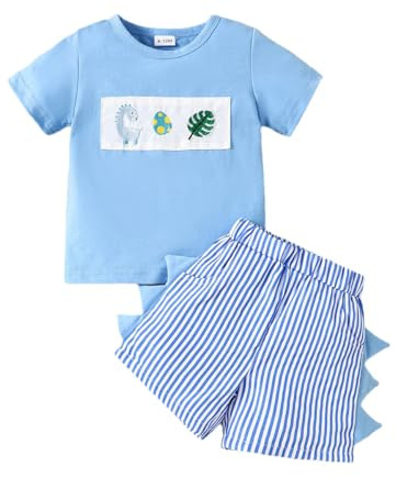 LUVCES Conjunto de Verano para Bebé Niño Pequeño Manga Corta Dinosaurio Bordado Camiseta y Pantalones Cortos de Rayas 2 Piezas Ropa de Trajes Dinosaurio azul 6-12 Meses