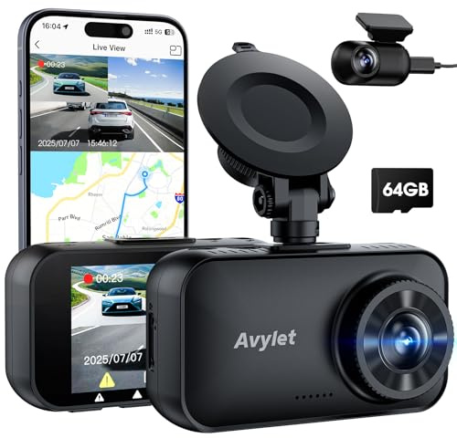 Avylet 4K/2.5K+1080P Dashcam Auto Vorne Hinten, 5GHz WiFi/APP Dual Kamera mit 64GB Card, ADAS Spurhalteassistent, Parküberwachung, externem GPS, Super Nachtsicht, WDR, G-Sensor, 170°+150° Weitwinkel