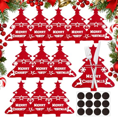 Koxtyzo Fundas para Cubiertos Navideñas de Fieltro, 12 Piezas Portacubiertos con Forma de Árbol de Navidad, Decoración de Mesa para Cuchillo Tenedor Cuchara, con Alfombrillas Antideslizantes de Espuma