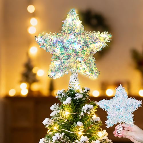 Christmas Tree Topper Star, Sparkly Tinsel Star for Christmas Tree Decoration 6 Inch, Iridescent Holiday Treetop Stars for Small Tabletop Tree Battery Operated Fairy Light Tinsel Topper for Xmas Tree