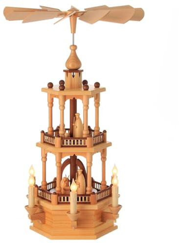 Seiffener Volkskunst Piramide di Natale naturale a 2 piani con la nascita di Cristo illuminata elettricamente e indirettamente da Schalling