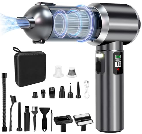 KLYNGTSK Aspirapolvere portatile a batteria, aspirapolvere portatile 4-in-1 senza fili con schermo LCD, 25KPA aspirapolvere per auto a batteria vincitore del test, soffiatore elettrico ad aria