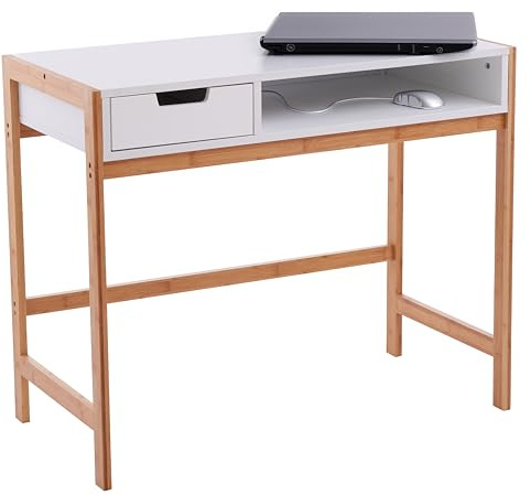Premier Housewares White Work Desk for Home Office | Versatile Computer Desk with Wood Legs| Functional Home Office Desk with 1 Drawer| Compact Work Table Desks for Bedroom