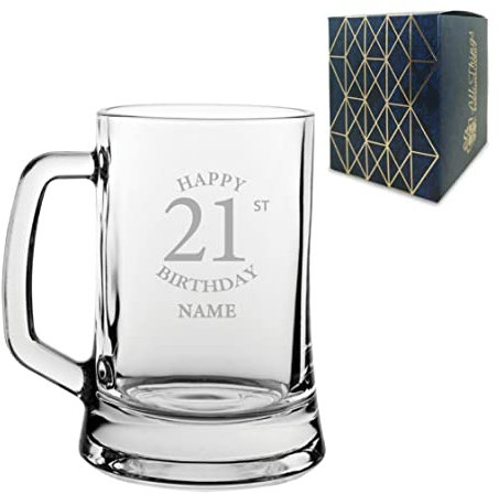 Personalised Engraved Tankard Beer Mug Stein Happy 21st Birthday Classic Design Gift Boxed, 16.75oz/495ml Classic Beer Glass, Any Name, Engraved in The UK