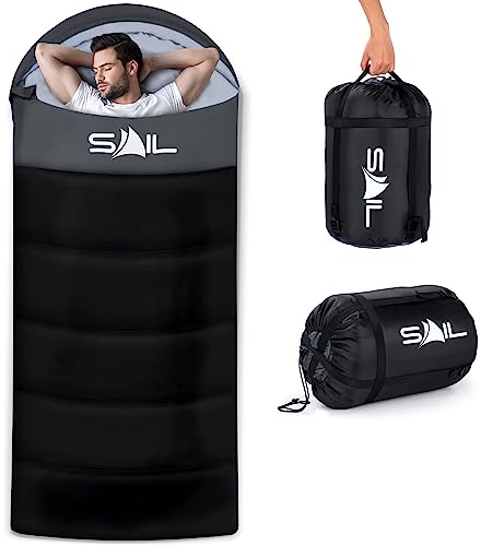 SAIL 4 Season Sleeping Bag for Big & Tall Adults - Extra Wide, 400GSM Lightweight & Heavy Duty Waterproof Polyester - Large XL Sleeping Bag for Camping, Indoor & Outdoor, Hiking & Backpacking - Black