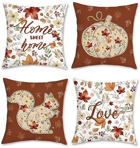 Bonhause Housse de Coussin Automne 45 x 45 cm Feuilles d’Automne Écureuil Citrouille Velours Doux Décoratif Taie d'oreiller pour Salon Chambre Chaise Jardin Maison Décoration 4 Pièces