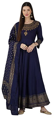 Aashita Creations Anarkali Kurta avec dupatta pour femme avec imprimé doré (Bleu)_01, bleu, XXL