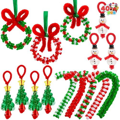 JOYIN Juldekorationer med handgjorda pärlor, gör upp till 40 stycken snögubbe, julgransdekorationer, kornsocker och kronor för hantverk, julklapp, fest