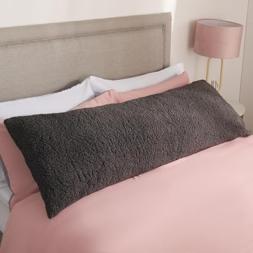 OHS Side Sleeper Bolster Pillow Charcoal Grey Teddy Fleece, Super Soft Comfy Maternity Body Pillow Back Support Cuddle Cushion for Bed Long Pillows Sleeping Relaxing, 137 x 40cm