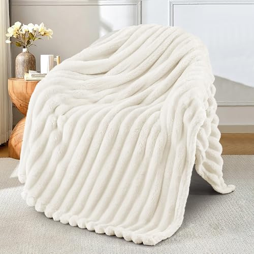 Exclusivo Mezcla Fleecefilt för soffa, supermjuk 3D-randig jacquard, sängfilt, lätt luddig, mysig filt för alla årstider, 127 x 152 cm, elfenbensfärgad filt | Mjuka andningsbara mysiga sängfiltar, lätta plysch fluffiga luddiga jacquard-dekorativa filtar