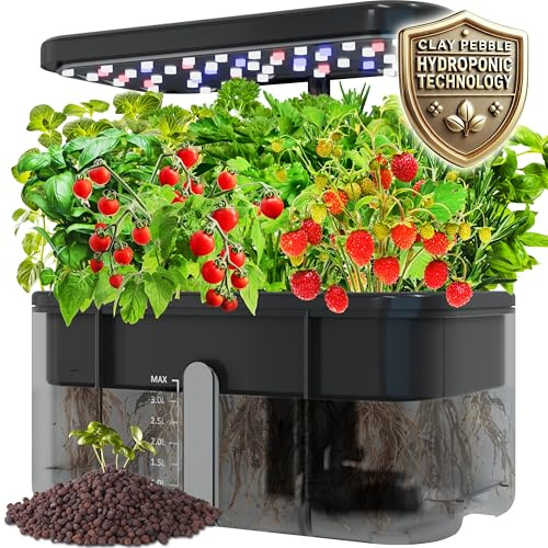 Dewilde Trading Co Kit de sistema de cultivo hidropónico con guijarros de arcilla: jardín de hierbas interior con luz LED de crecimiento inteligente, altura ajustable y kit completo de cultivo