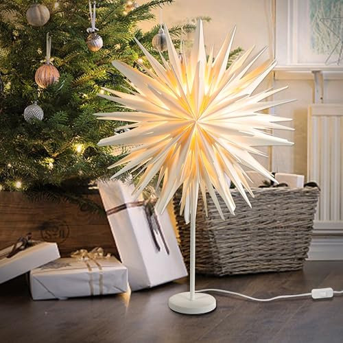 EANLOLY Stehender Weihnachtsstern Beleuchtet - LED Papierstern Weihnachten Tischlampe für Weihnachtsdeko Innen Fenster， Leuchtsterne Deko, Weihnachtsbeleuchtung Lichterkette, Weiß