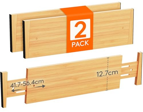 Lifewit Set di 2 separatori per cassetti, in bambù naturale, regolabili, per interni di lunghezza 41,7 – 56,4 cm e altezza > 12,7 cm, organizzatore per cucina, armadi, scrivania