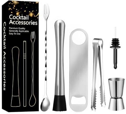 Strumenti Professionali Per Cocktail (set da 6 pezzi),Pestello Cocktail, Misurino,Dosatore Cocktail,Bar spoon, accessori per cocktail, adatti per cucina, bar e ristoranti