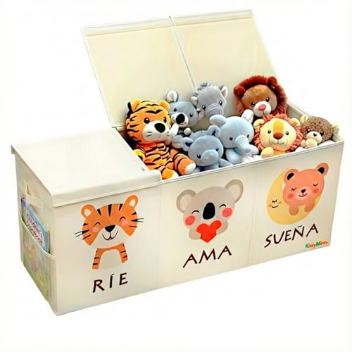 KissyMino - Organizador juguetes infantil, Baúl juguetes infantil grande con tapa, Caja almacenaje decorativa dormitorio y guardería, Juguetero plegable (Beige, Baúl Grande Sueña)