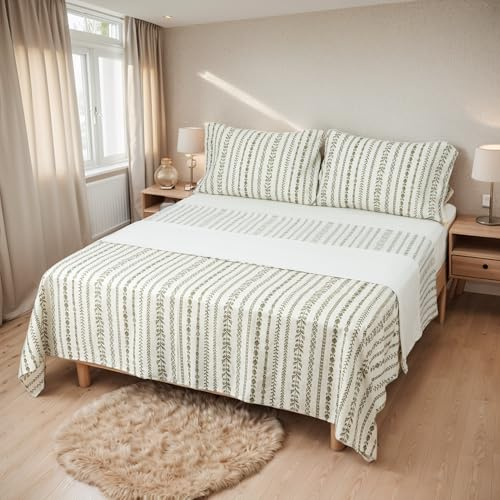 Etrexonline Juego de Sábanas 3 Piezas Cama 90 cm - Microfibra Ultra Suave Incluye 1 Bajera Ajustable 90x200+30 cm, Encimera 160x270 cm, y 1 Fundas de Almohada 50x110 cm - Color Rama Verde