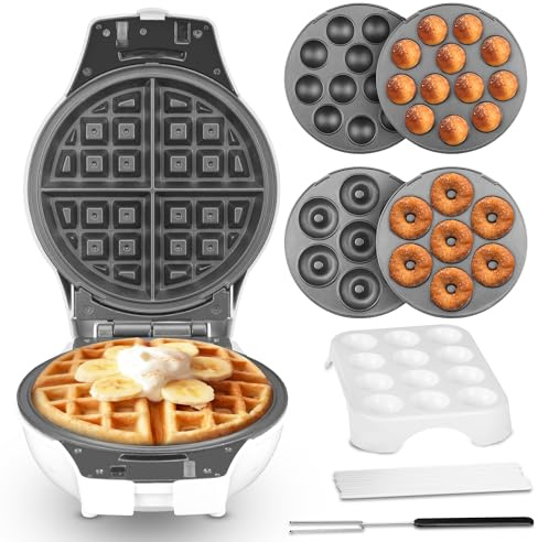 SugarWhisk Thick Belgian Waffle Maker with 3 Removable Plates, 7” Non Stick Belgian Waffle Iron Removable Plates, 3 in 1 Mini Donut Maker Machine, Cake Pop Maker Machine Set with Accessories & Tools