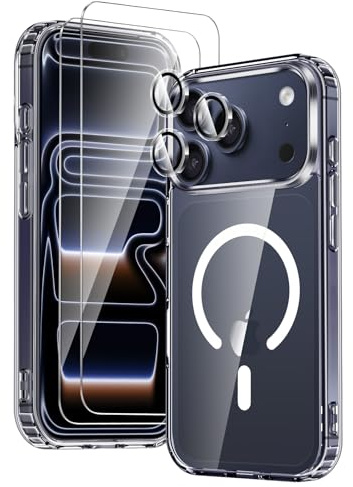 COPIKE Funda Magnética para iPhone 17 Pro con 2 Cristal Templado y 2 Protector Cámara, Compatible con MagSafe, Carcasa Antigolpes Anti-Amarillo Tapa Trasera Resistente Arañazos, Transparent