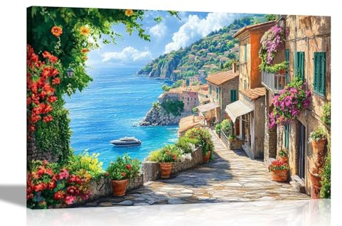 Artley Prints - Mediterranean Seascape View Oil Painting Re-Print Landscape Canvas Prints Wall Art Pictures Living Room Decor 40 x 30cm (16 x 12 inches) A3