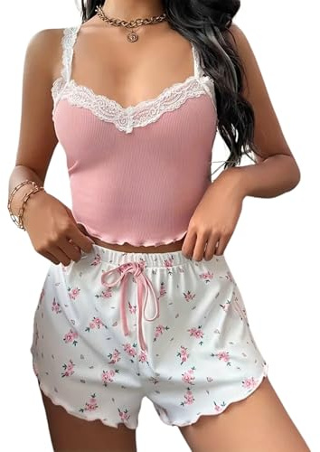 Women’s Pyjama Set 2 Piece Cami Top + Floral Shorts, Lace Trim Sweet V-Neck Pj Sets Sexy Backless Sleepwear Cute Nightwear Loungewear Y2K Sleeveless Homewear (UK, Alpha, XL, Regular, Regular, Pink)