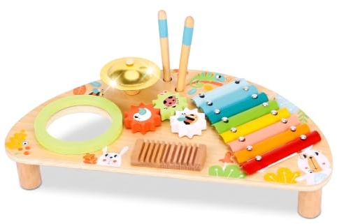 Momo Kids® Table musicale multifonction pour enfant | Jouet Montessori 2 ans | Tambour pour enfant, xylophone bébé, cymbale, roues sensorielles, grattoir et baguettes | Cadeau fille 2 ans