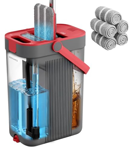 SONGMICS Juego de Fregona y Cubo, Separación de Agua Limpia y Sucia, 3 Compartimentos con Escurridor, Fregona Plana, Cabezal de 360°, 5 Paños de Microfibra, Gris y Rojo LMB001GT05