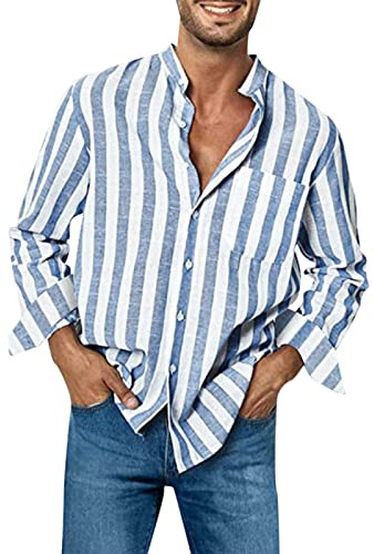 Camisa Lino Hombre Algodón Manga Larga Cuello Mao Casual Verano Playa Transpirable Ligera Tejido de Punto Abierto Máxima Ventilación A80