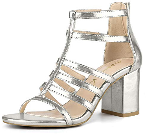 Allegra K Women's Cage Strappy Gladiators Chunky Heels Sandals Silver White 4 UK/Label Size 6 US