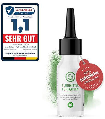 Lolo & Max - Floh- und Zeckenmittel für Katzen 100% Natürlicher Spot On - Bis zu 8 Monate Abwehr & Bekämpfung von Flöhen & Parasiten (Zecken,Milben,Läuse,Haarlinge,Wanzen) - Mittel gegen Flöhe - 40ml