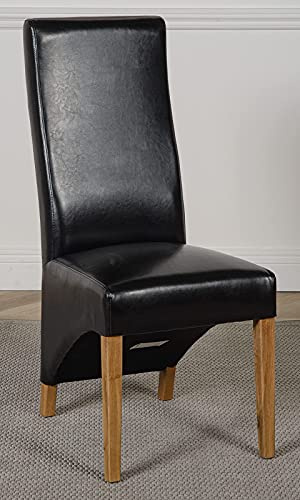 Oak Furniture King Lola Dining Chairs Set of 6 – Black Leather Upholstered Kitchen Chairs with Cushion Back & Solid Oak Legs, Modern Dining Room Seating, Fully Assembled