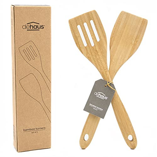 Dehaus® Premium Bamboo Fish Slice & Turner - Set of 2 - Luxury Wooden Kitchen Utensils - Slotted Turner & Flipper Utensil Accessories - Wood Cooking Tools for Non Stick Pan or Wok - Mini Starter Sets