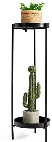 RELAX4LIFE 2-stöckiger Pflanzenständer, Runder Blumenständer aus Metall, Blumenhocker bis zu 15 kg belastbar, Blumensäule für Innen- und Außenbereich, Blumenhalter mit Ablage (Schwarz, 25 x 80 cm)