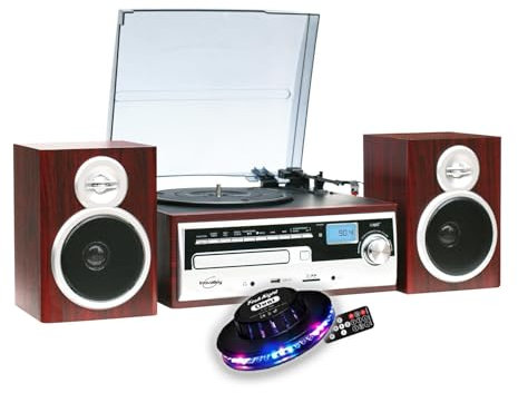 gef-roy Chaîne HiFi Inovalley CH14E Tourne Disque Vinyle 80W, CD, Bluetooth, FM et USB, télécommande, Jeu de lumière OVNI LED