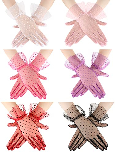 Geyoga 6 Pairs Ladies Lace Polka Dot Gloves Elegant Short Women Tea Party Gloves Wrist Length Courtesy Summer Gauntlet for Women 1950s Tea Wedding Party