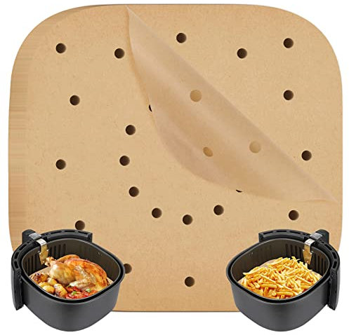 100 Pezzi Carta forno per Friggitrice ad aria,Carta Pergamena Fodera,Realizzato con Pasta di Legno Cruda,Carta per Friggitrice Ad Aria Quadrata,21.6cm Carta Pergamena Perforata per Vapore Friggitrice