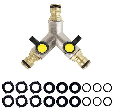 Brass 2-Way Y Hose Splitter with On/Off Valve - Garden Water Diverter Adapter, Male Connector for Outside Tap Connection