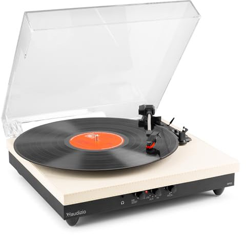 Audizio RP113C Platine Vinyle Bluetooth avec Haut-Parleurs Intégrés - Cuir Crème, 33, 45 et 78 Tours, Émetteur Bluetooth, Une Platine Idéale pour Décorer et Écouter Vos Vinyles