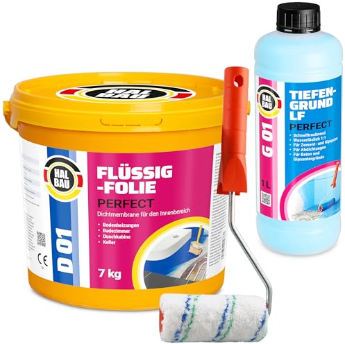 Kit d'étanchéité professionnel avec film liquide 7 kg, caoutchouc liquide pour l'intérieur, barrière d'eau sous le carrelage, salle de bain, douche, étanchéité, fond de profondeur 1 l, rouleau de