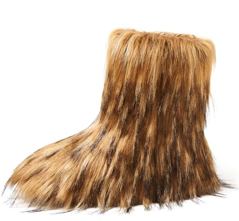 Shenduo Women's Fluffy Fur Mid-calf Boots | Winter Mid-height Boots with Faux Fur Lining, Furry Faux Fur material Warm Fashion