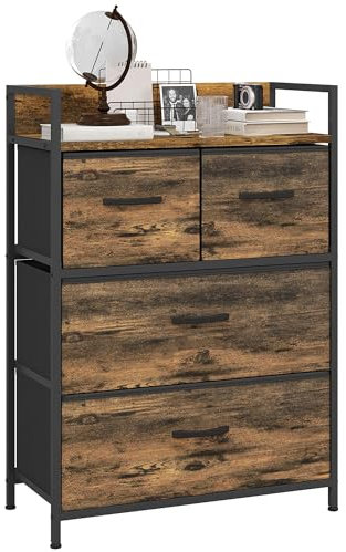 HOMCOM Bedroom Chest of Drawers, Fabric Dresser with 4 Drawers, Storage Organiser Unit with Open Shelf and Metal Frame for Living Room, Entryway, Rustic Brown