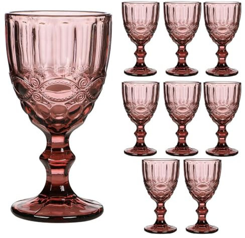 Wine Glasses Set of 8 Embossed Vintage Style Baroque Wine Goblet Glassware Set Dishwasher Safe Wine Glass Set Colourful Footed Wine Chalice Tumblers (Pink)